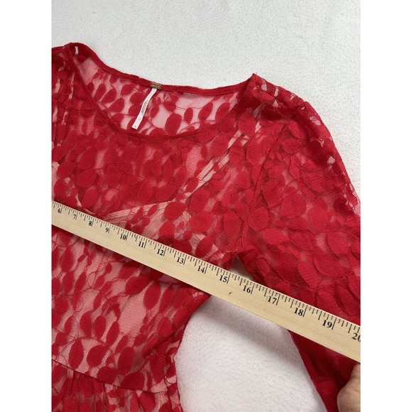 Free People Dress Womens sz. 0 Red Floral Lace Fit Flare 3/4 Sleeve Stretch Boho - Picture 7 of 8